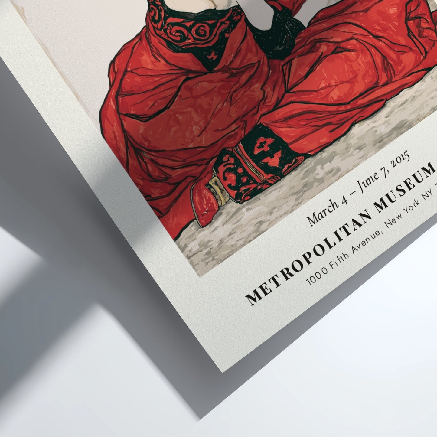 Egon Schiele Exhibition Poster featuring Liegende Frau in red tones, expressive style and intricate lines