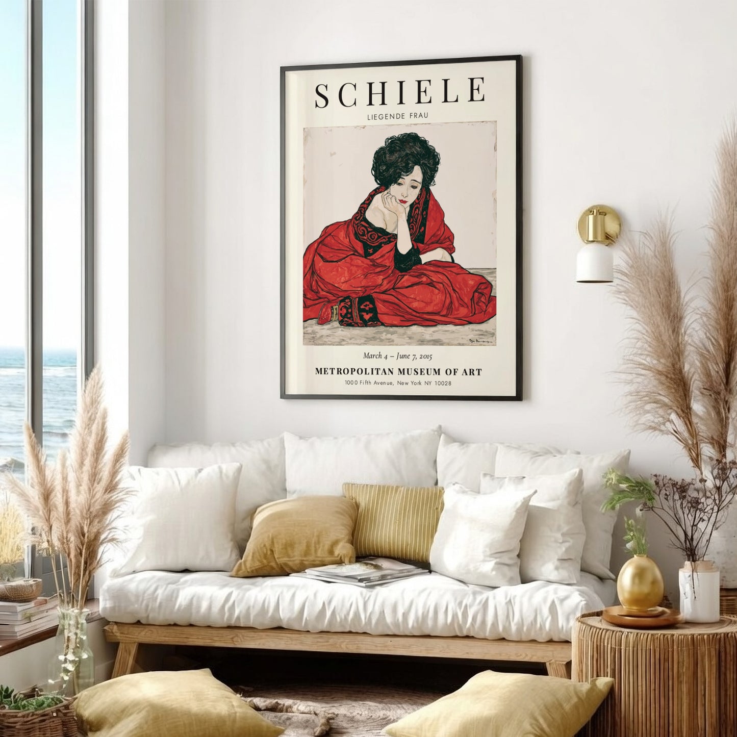 Egon Schiele Exhibition Poster featuring Liegende Frau in red tones, expressive style and intricate lines