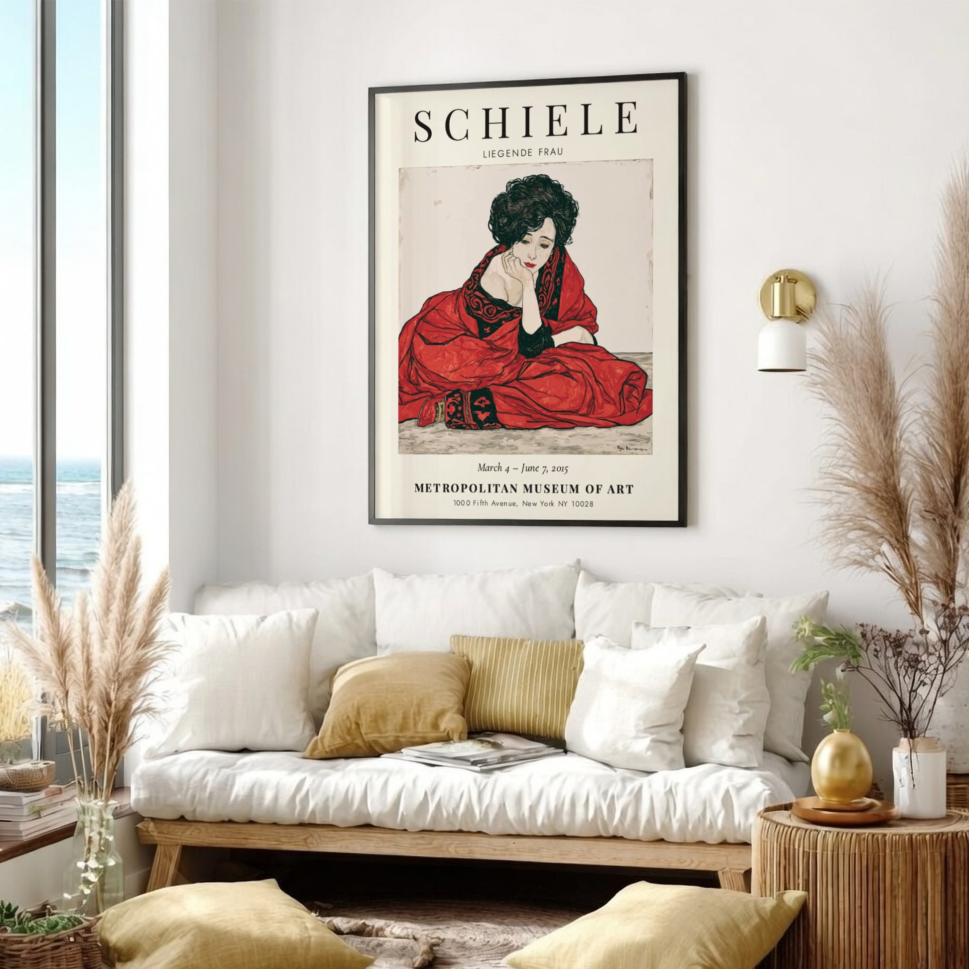 Egon Schiele Exhibition Poster featuring Liegende Frau in red tones, expressive style and intricate lines