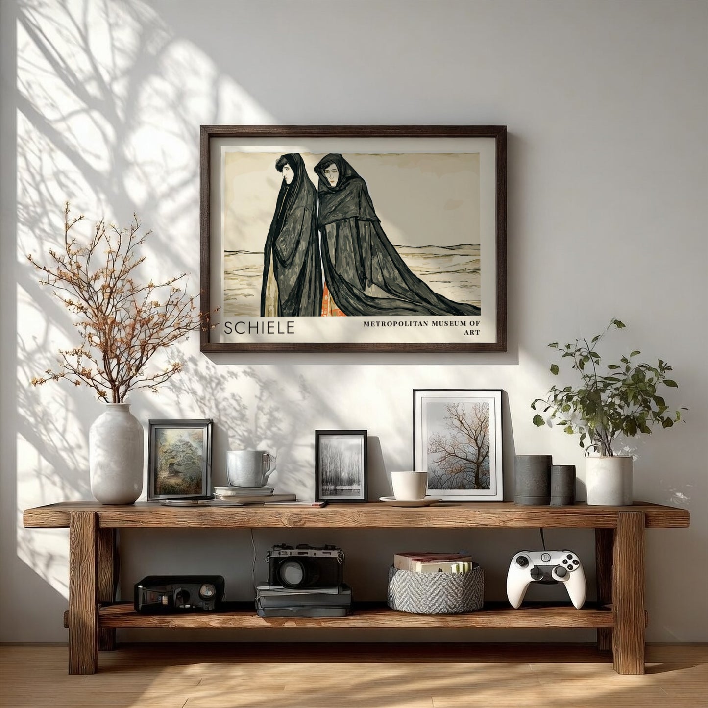 Wall art poster featuring Egon Schiele Metropolitan Museum exhibition design with two cloaked figures