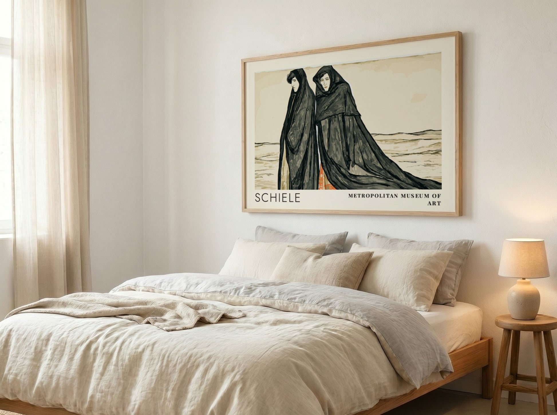 Wall art poster featuring Egon Schiele Metropolitan Museum exhibition design with two cloaked figures