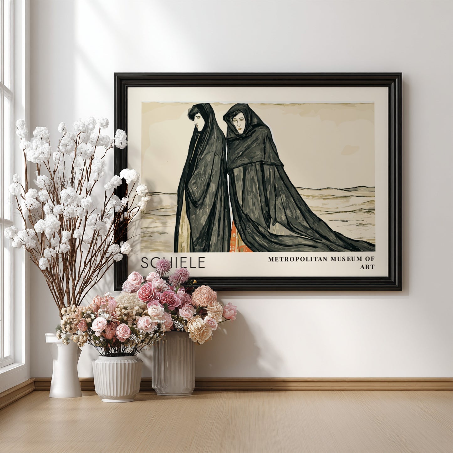 Wall art poster featuring Egon Schiele Metropolitan Museum exhibition design with two cloaked figures