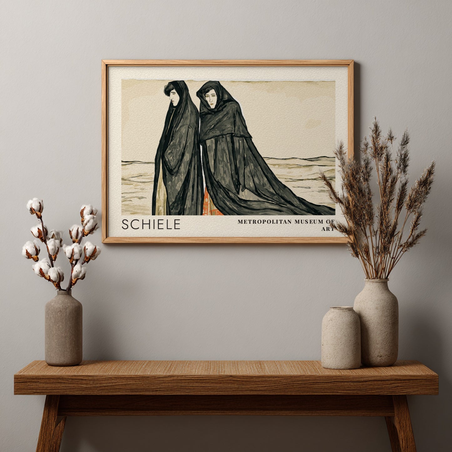 Wall art poster featuring Egon Schiele Metropolitan Museum exhibition design with two cloaked figures
