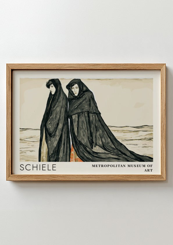 Wall art poster featuring Egon Schiele Metropolitan Museum exhibition design with two cloaked figures