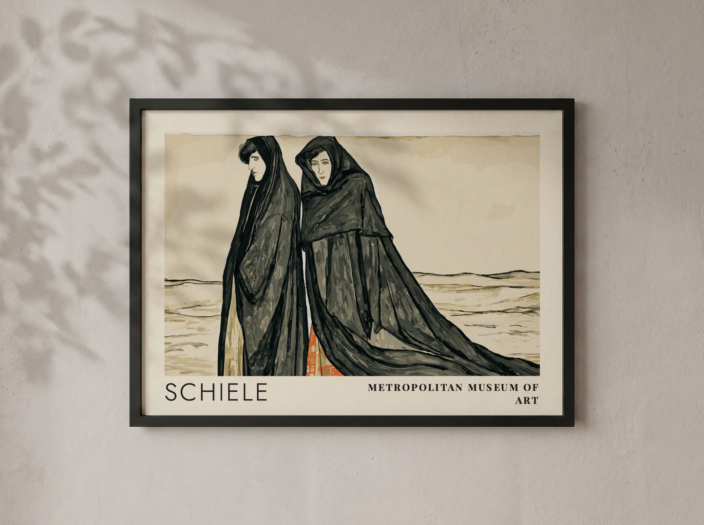 Wall art poster featuring Egon Schiele Metropolitan Museum exhibition design with two cloaked figures