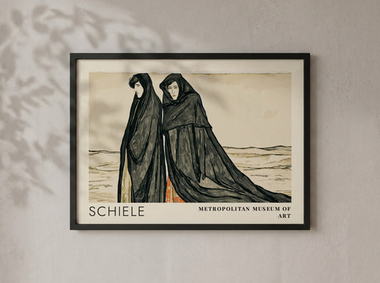 Wall art poster featuring Egon Schiele Metropolitan Museum exhibition design with two cloaked figures