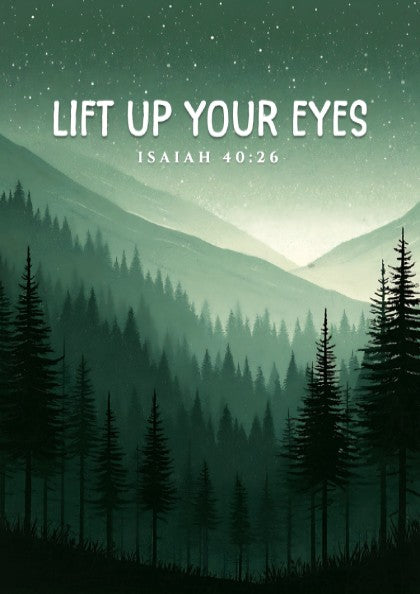 Lift Up Your Eyes poster featuring serene mountain landscape in greens and blues, inspirational wall art