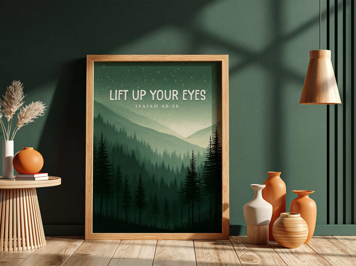 Lift Up Your Eyes poster featuring serene mountain landscape in greens and blues, inspirational wall art