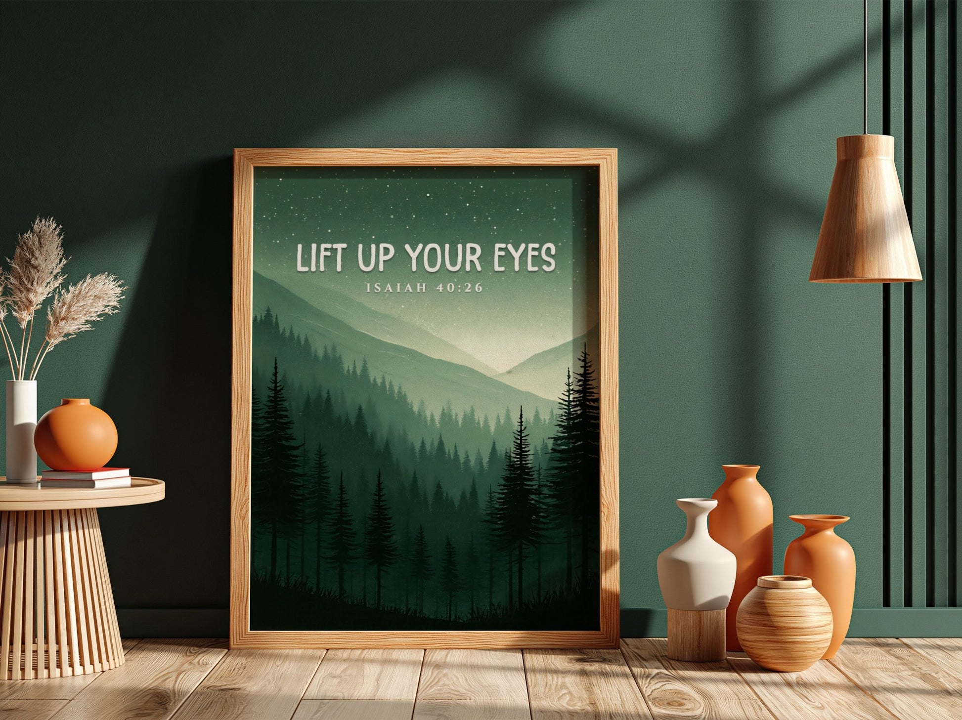 Lift Up Your Eyes poster featuring serene mountain landscape in greens and blues, inspirational wall art