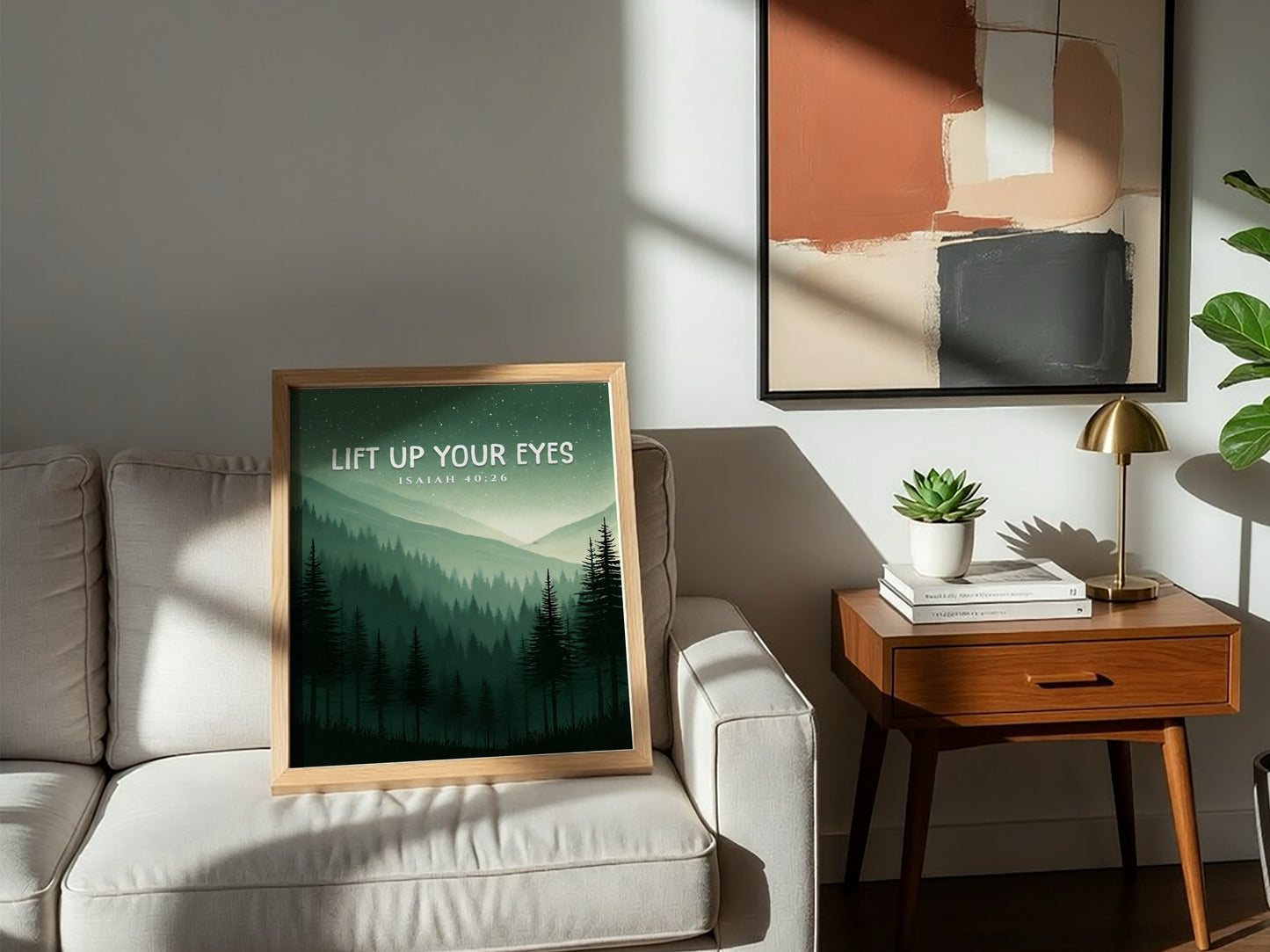 Lift Up Your Eyes poster featuring serene mountain landscape in greens and blues, inspirational wall art