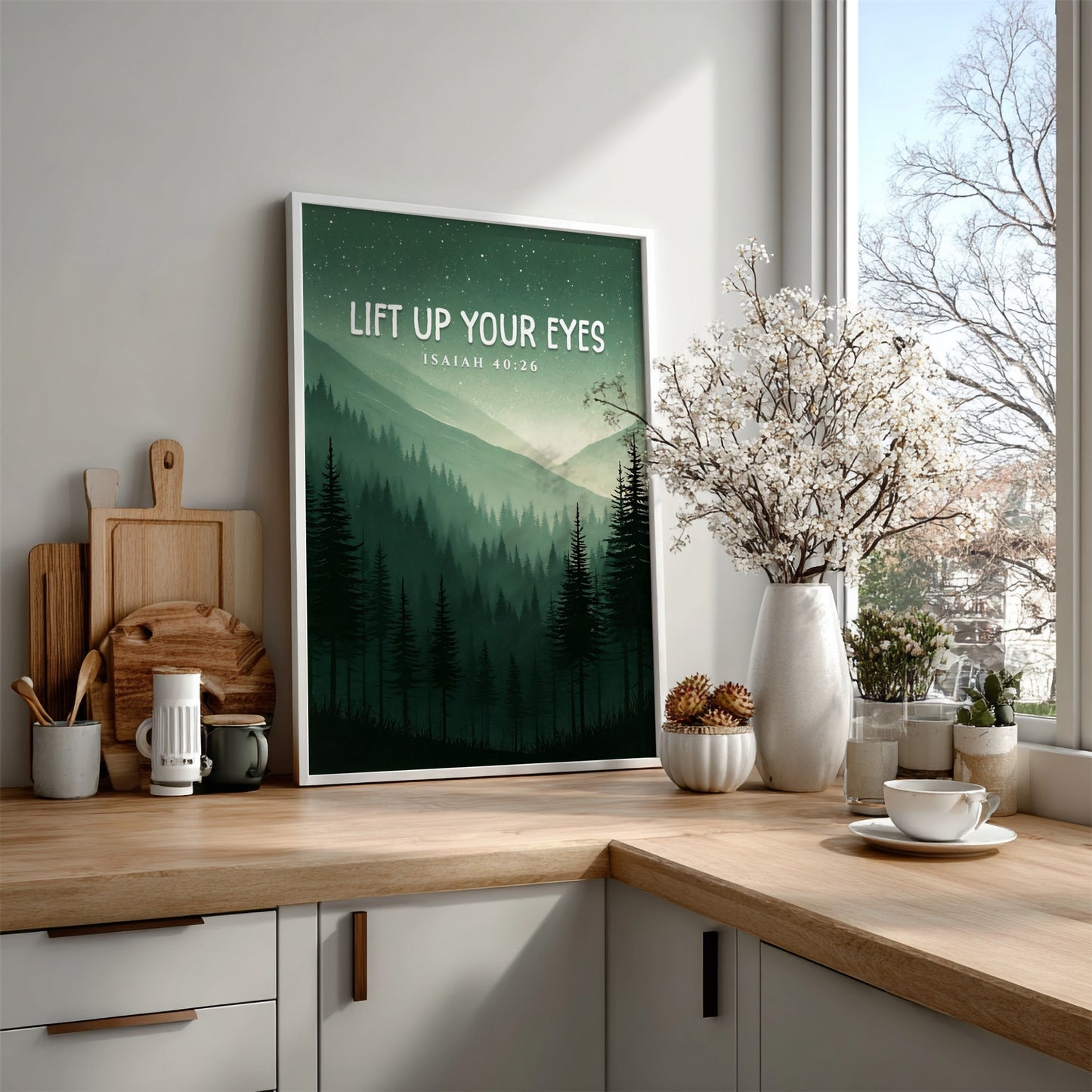 Lift Up Your Eyes poster featuring serene mountain landscape in greens and blues, inspirational wall art