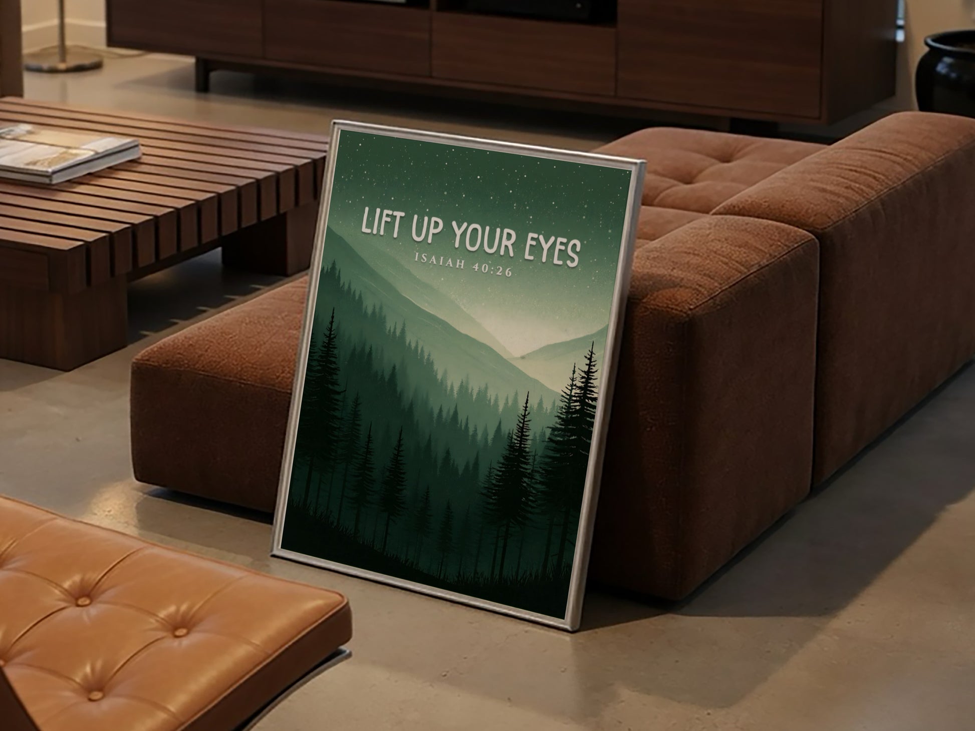 Lift Up Your Eyes poster featuring serene mountain landscape in greens and blues, inspirational wall art