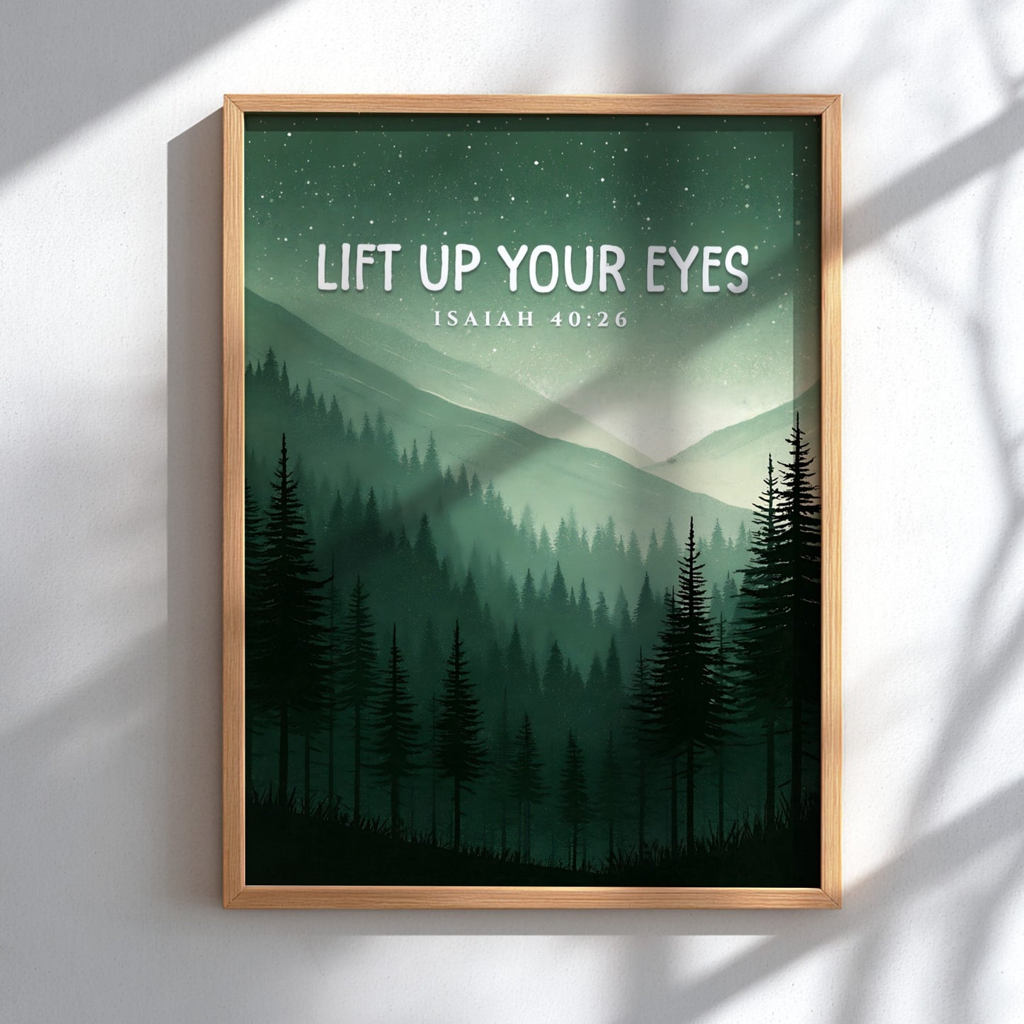 Lift Up Your Eyes poster featuring serene mountain landscape in greens and blues, inspirational wall art