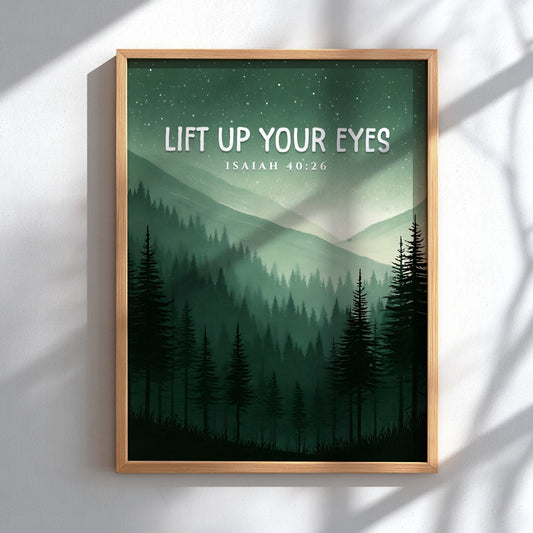 Lift Up Your Eyes poster featuring serene mountain landscape in greens and blues, inspirational wall art