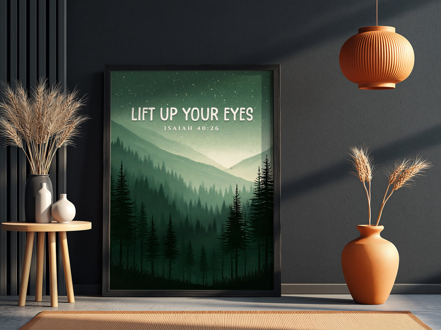 Lift Up Your Eyes poster featuring serene mountain landscape in greens and blues, inspirational wall art