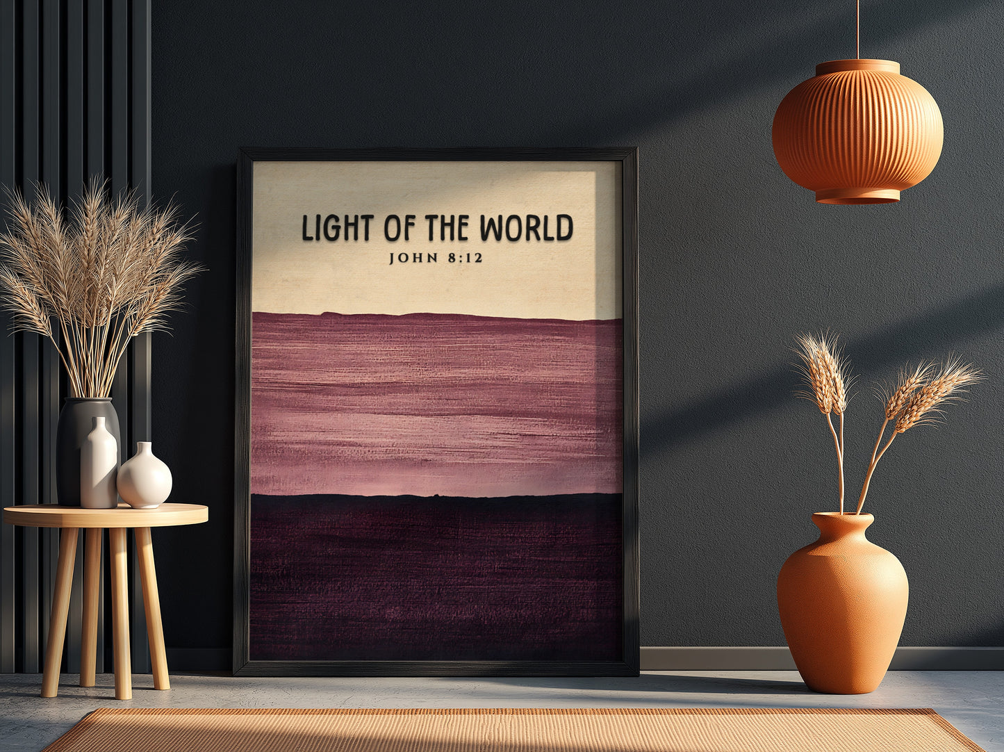Inspirational poster featuring the verse Light of the World in calming purple tones and minimalist style
