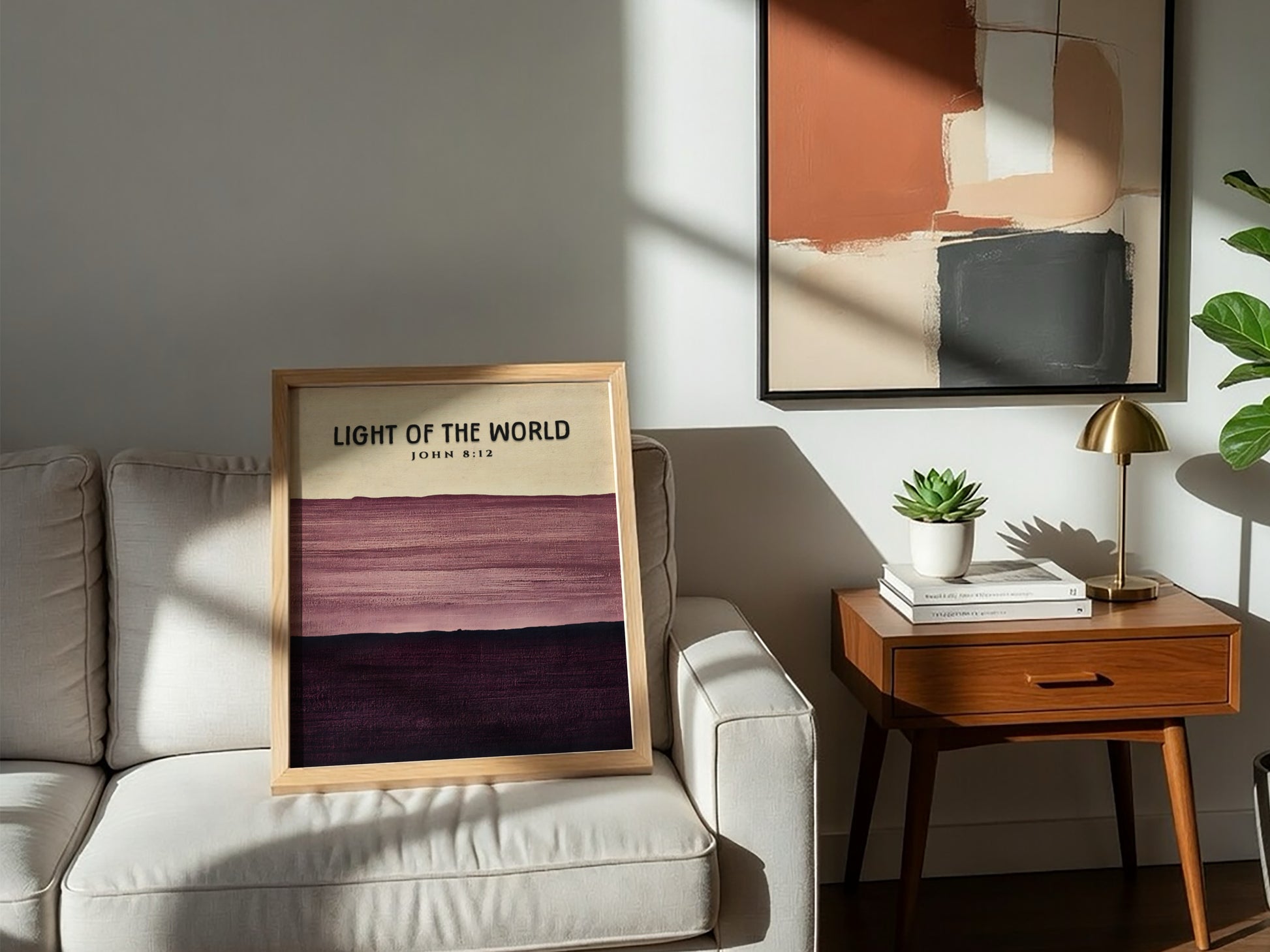 Inspirational poster featuring the verse Light of the World in calming purple tones and minimalist style