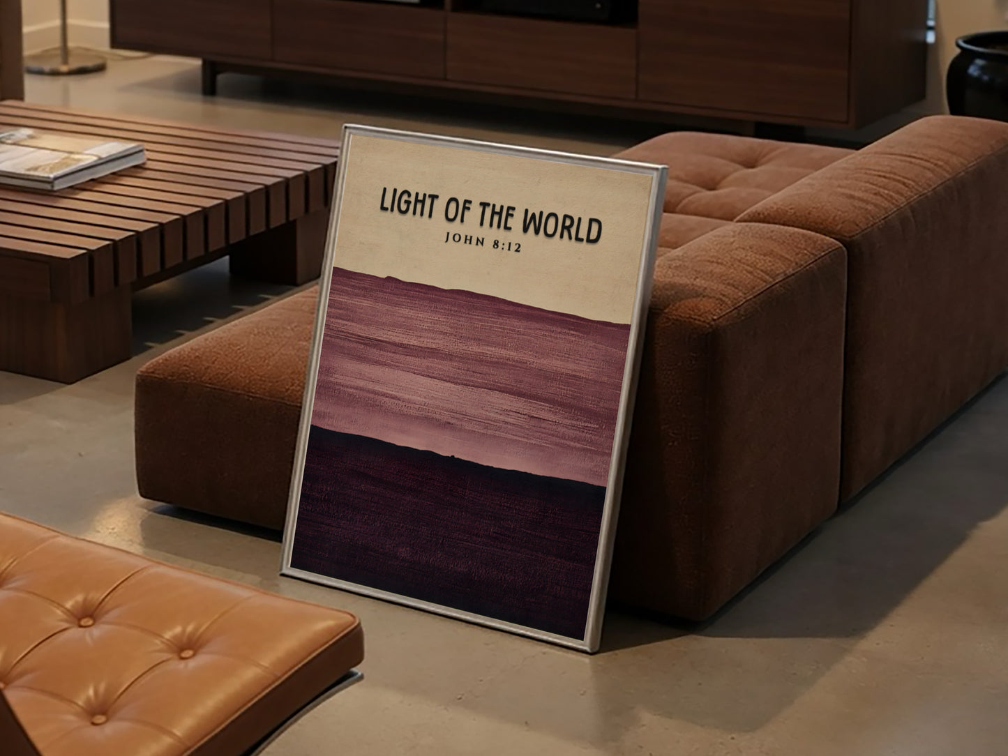Inspirational poster featuring the verse Light of the World in calming purple tones and minimalist style