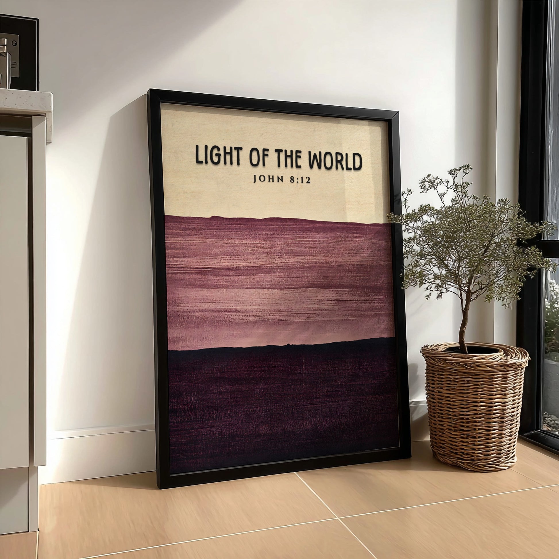 Inspirational poster featuring the verse Light of the World in calming purple tones and minimalist style