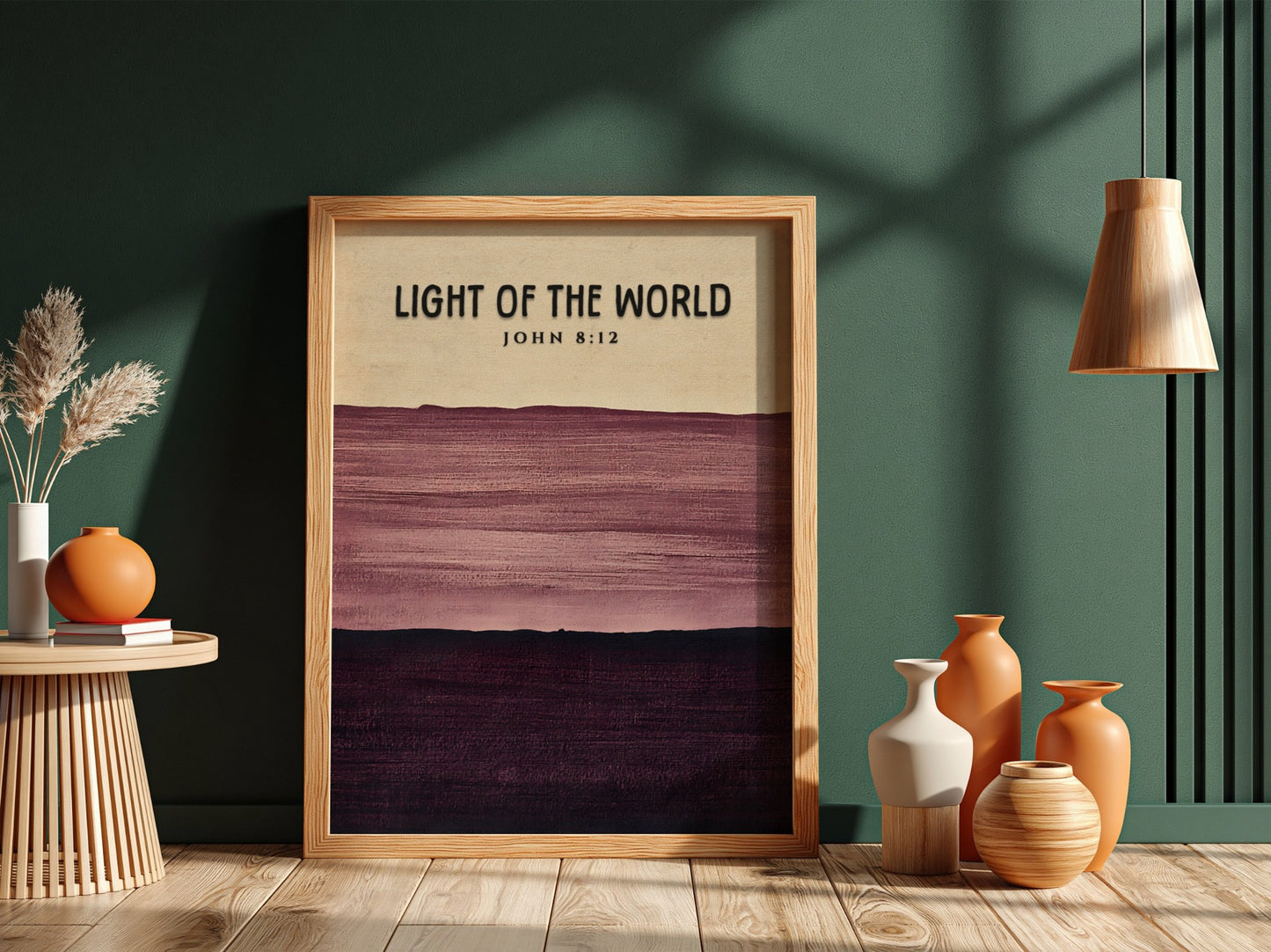 Inspirational poster featuring the verse Light of the World in calming purple tones and minimalist style