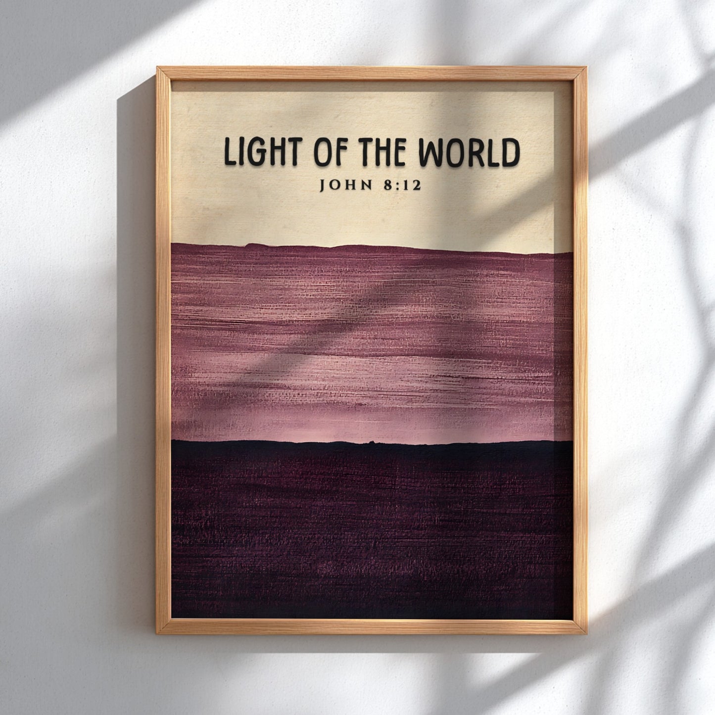 Inspirational poster featuring the verse Light of the World in calming purple tones and minimalist style
