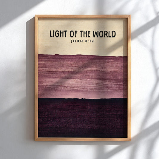 Inspirational poster featuring the verse Light of the World in calming purple tones and minimalist style