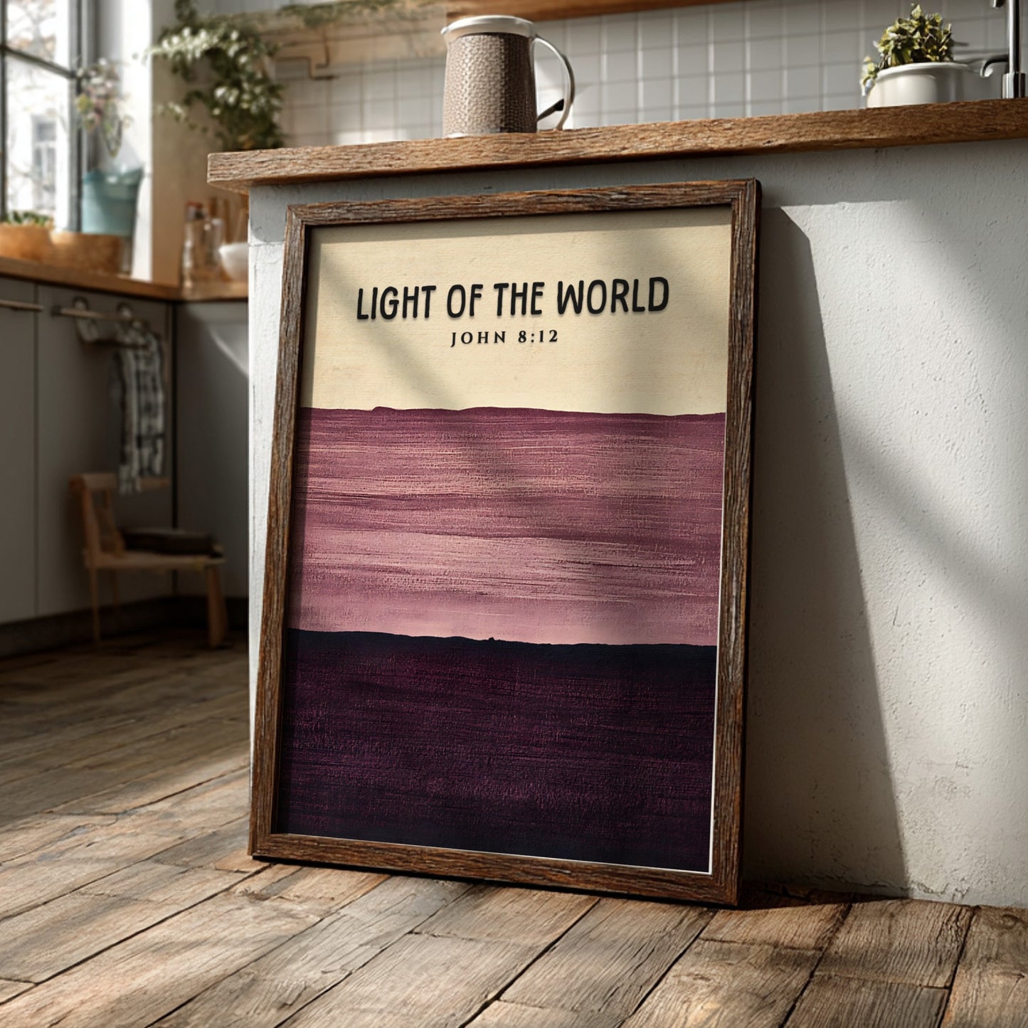 Inspirational poster featuring the verse Light of the World in calming purple tones and minimalist style
