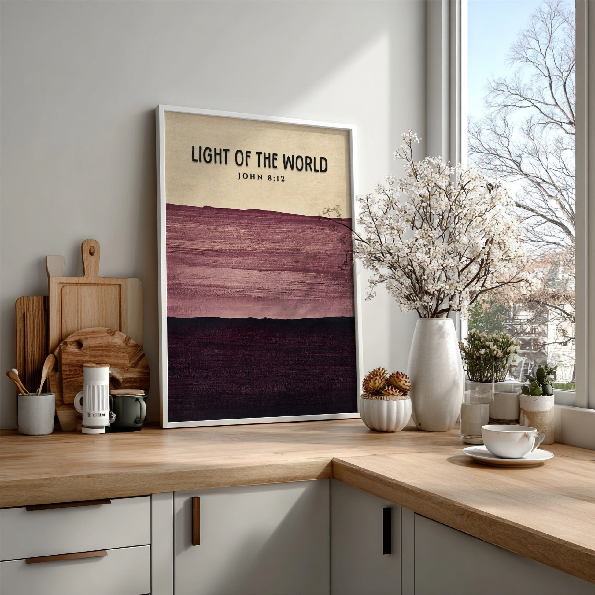 Inspirational poster featuring the verse Light of the World in calming purple tones and minimalist style