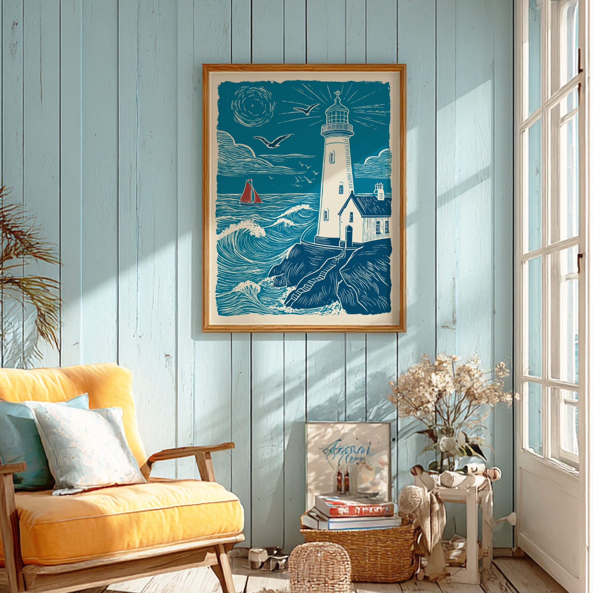 Living room with a yellow armchair, framed artwork of a lighthouse, and decorative items.