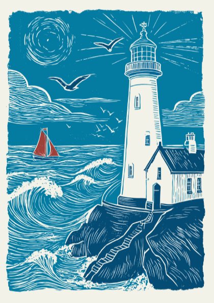 Lighthouse on a rocky outcrop with waves and a sailboat in the sea, against a blue sky.