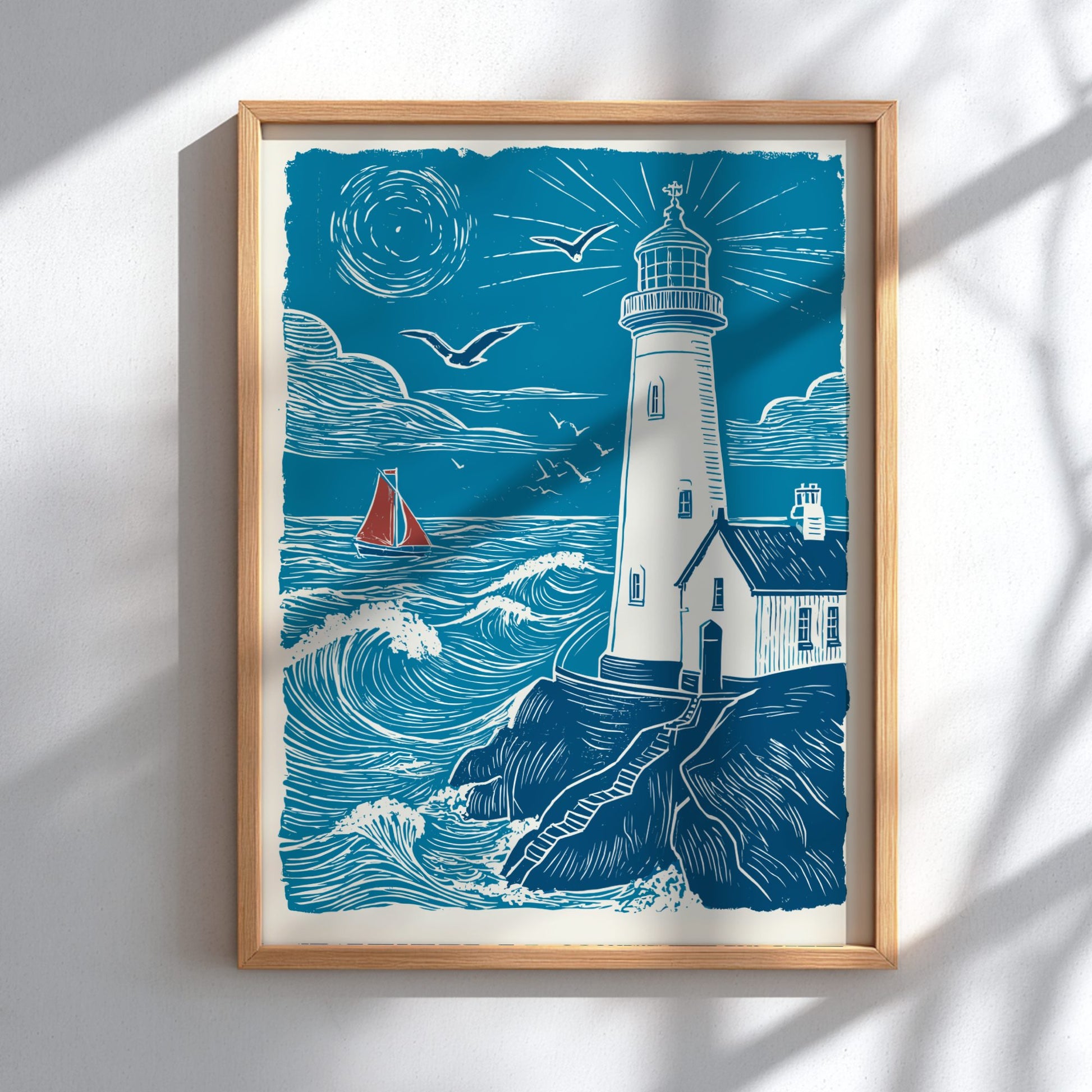 Framed artwork of a lighthouse and sailboat on a blue background
