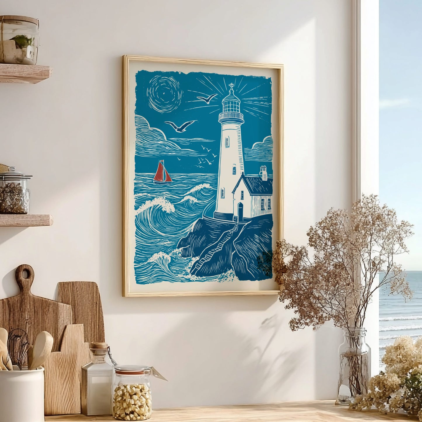 Framed artwork of a lighthouse on a wall in a room with decor elements.