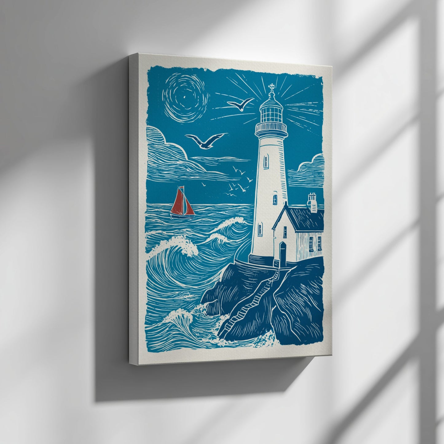 Framed artwork of a lighthouse and sailboat on a blue background