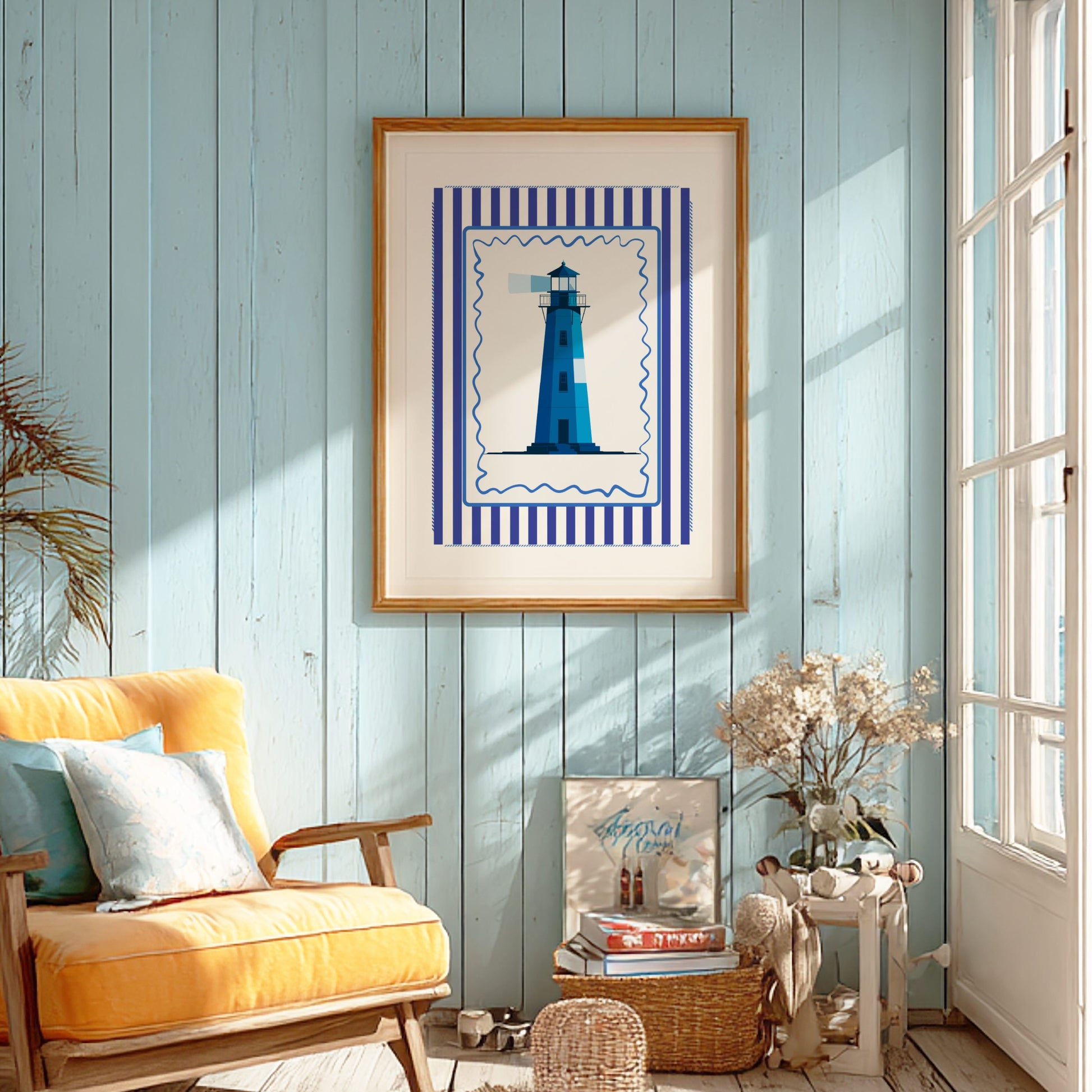 Living room with a yellow sofa, framed artwork of a lighthouse, and decorative items.