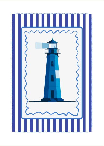 Poster with a blue lighthouse design on a white background