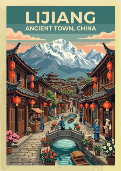 Lijiang travel poster featuring ancient town with mountains, vintage style, warm colors