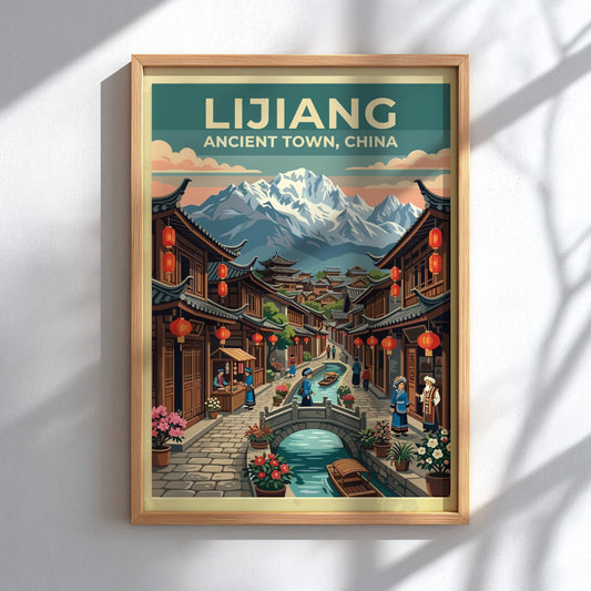 Lijiang travel poster featuring ancient town with mountains, vintage style, warm colors