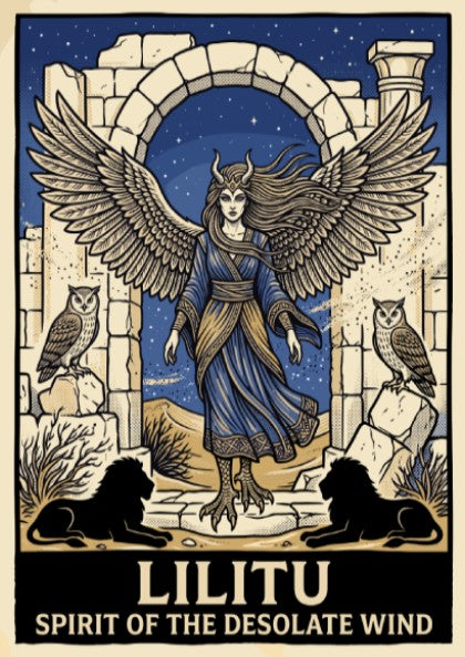 Poster of Lilitu with wings and talons standing in desert ruins near owls
