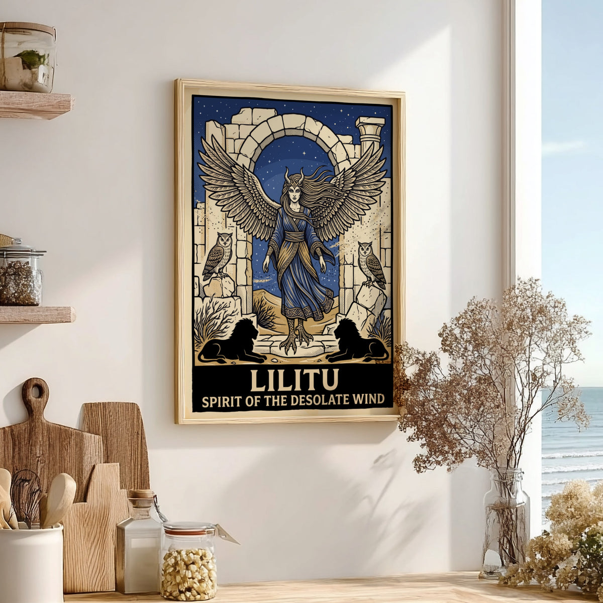 Poster of Lilitu with wings and talons standing in desert ruins near owls