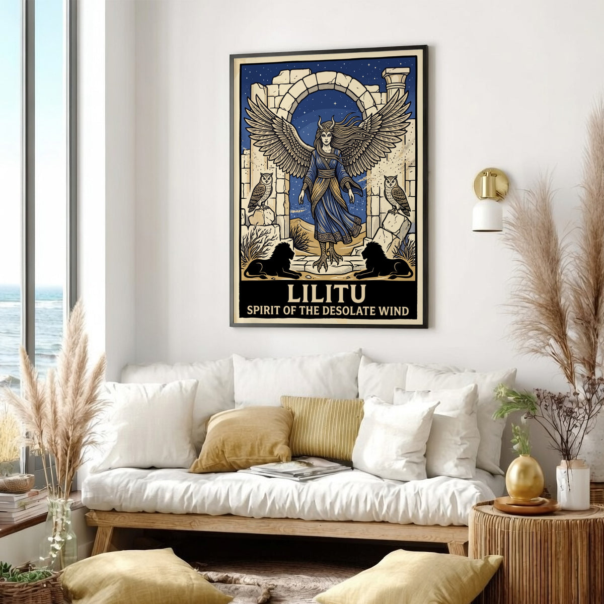 Poster of Lilitu with wings and talons standing in desert ruins near owls