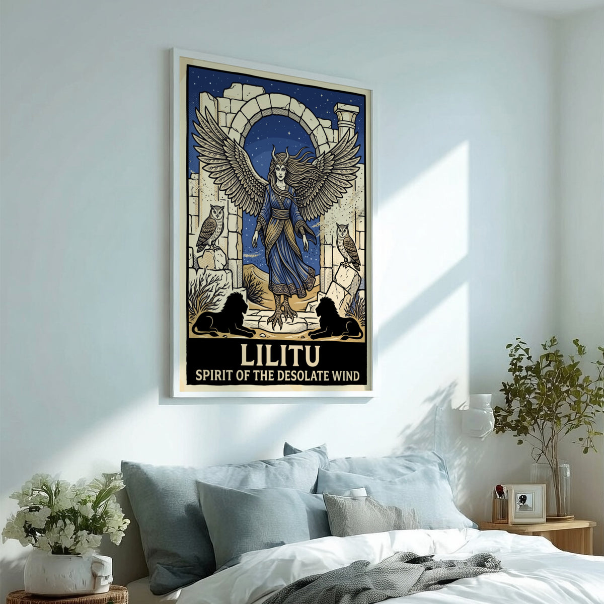 Poster of Lilitu with wings and talons standing in desert ruins near owls