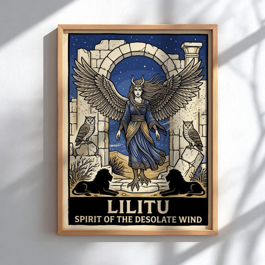 Poster of Lilitu with wings and talons standing in desert ruins near owls