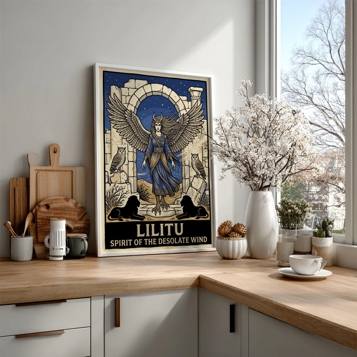Poster of Lilitu with wings and talons standing in desert ruins near owls