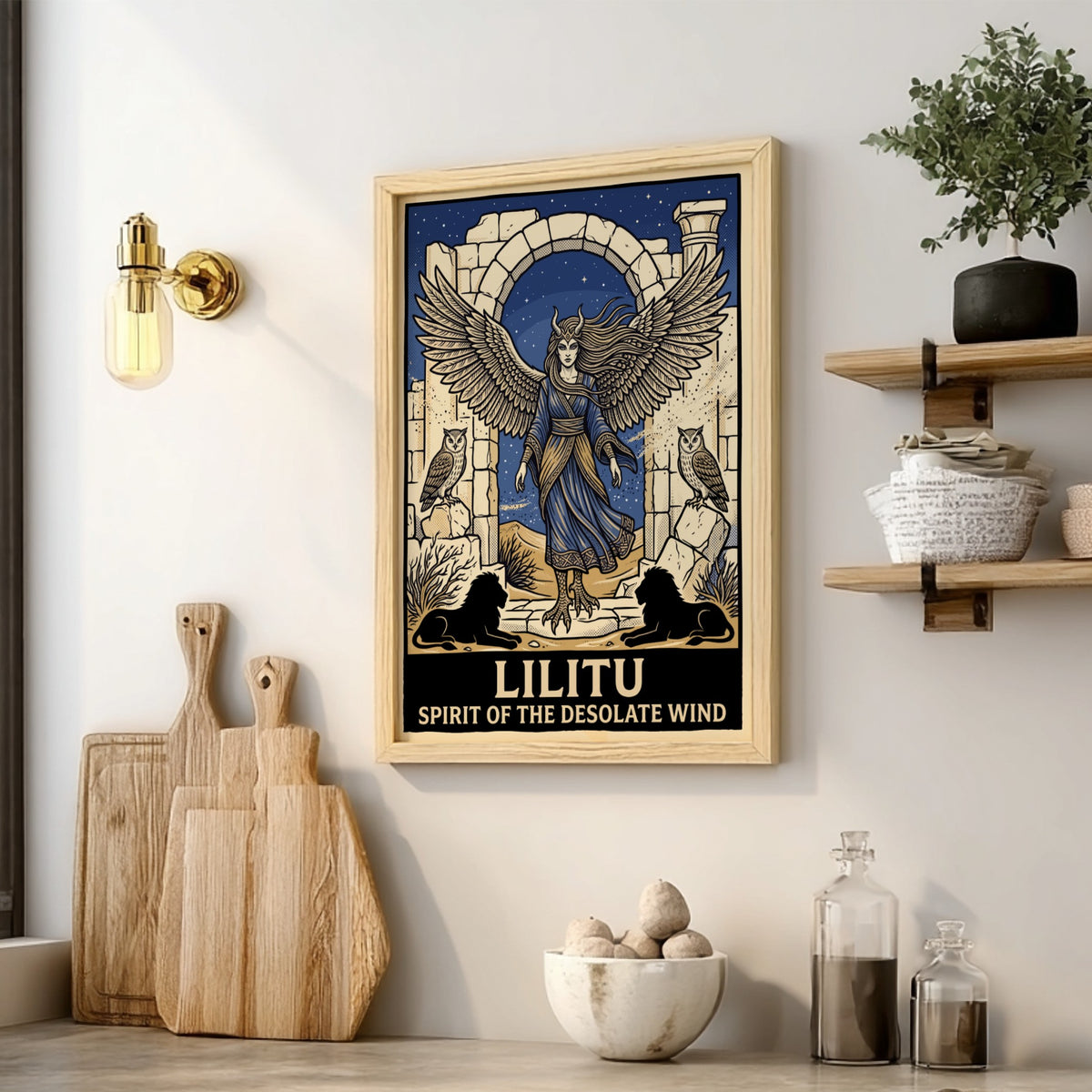 Poster of Lilitu with wings and talons standing in desert ruins near owls