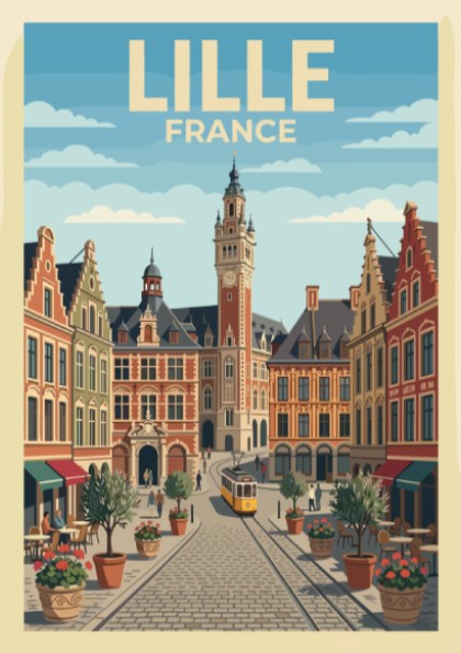 Lille France travel poster featuring historic brick buildings, a tram, and cobblestone streets.