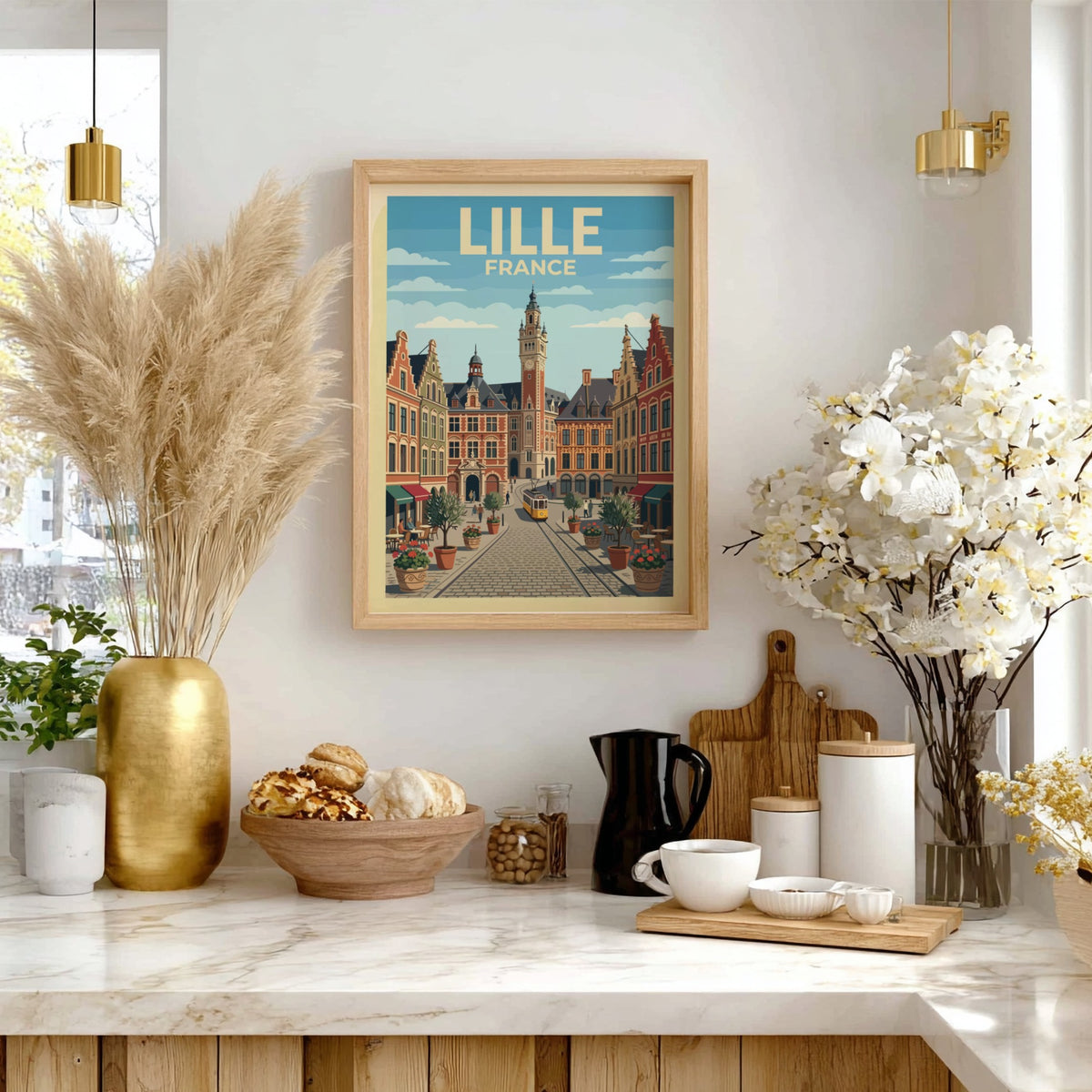 Lille France travel poster featuring historic brick buildings, a tram, and cobblestone streets.