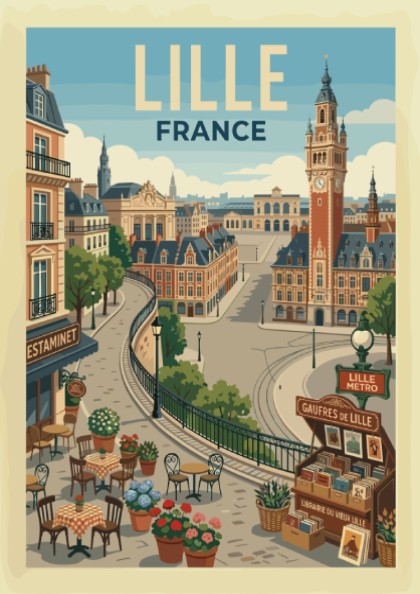 Lille France travel poster featuring cityscape, clock tower, and cafes in a warm, illustrative style.