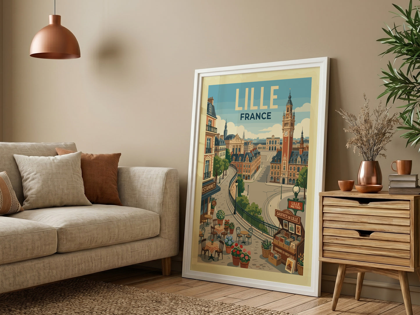 Lille France travel poster featuring cityscape, clock tower, and cafes in a warm, illustrative style.