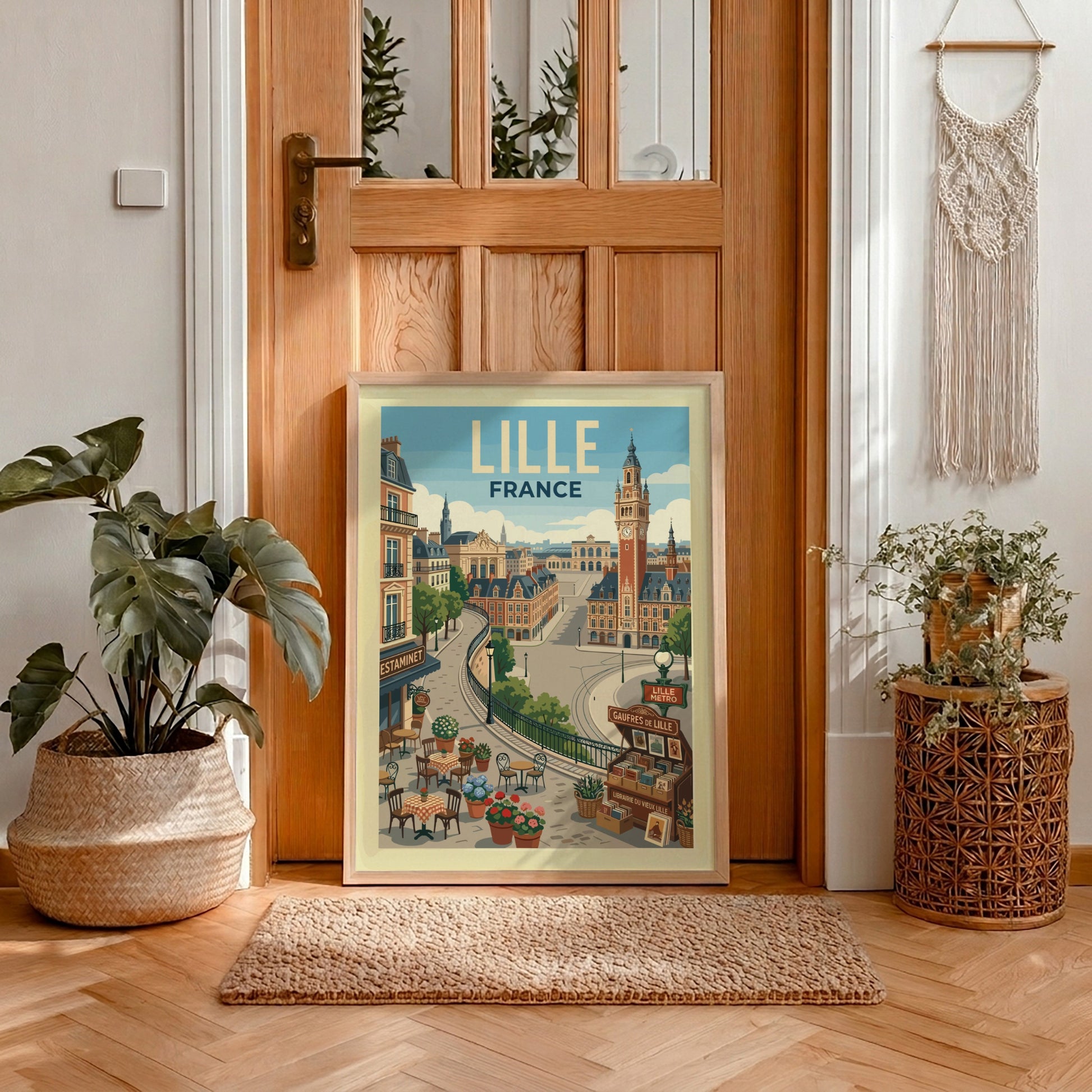 Lille France travel poster featuring cityscape, clock tower, and cafes in a warm, illustrative style.