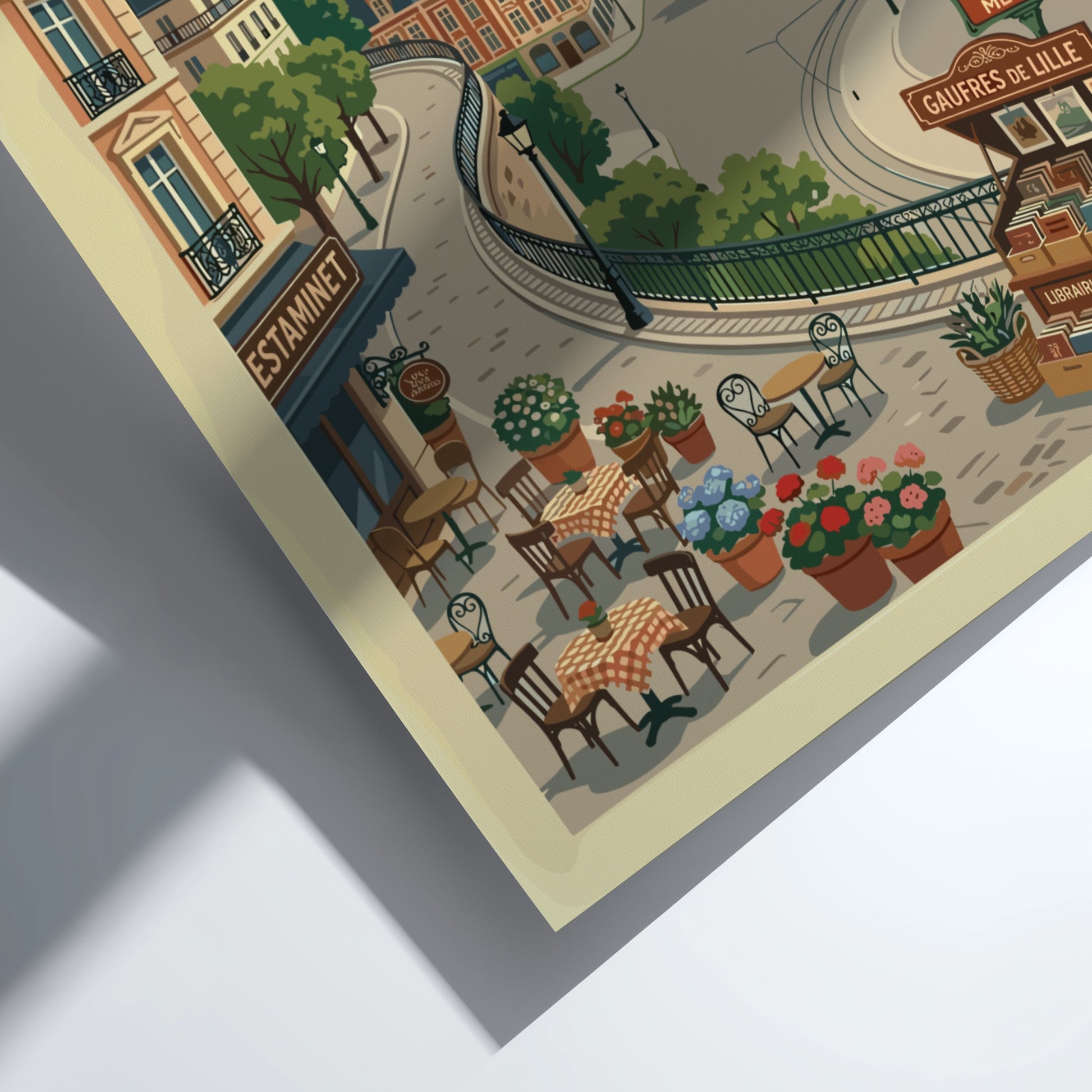 Lille France travel poster featuring cityscape, clock tower, and cafes in a warm, illustrative style.